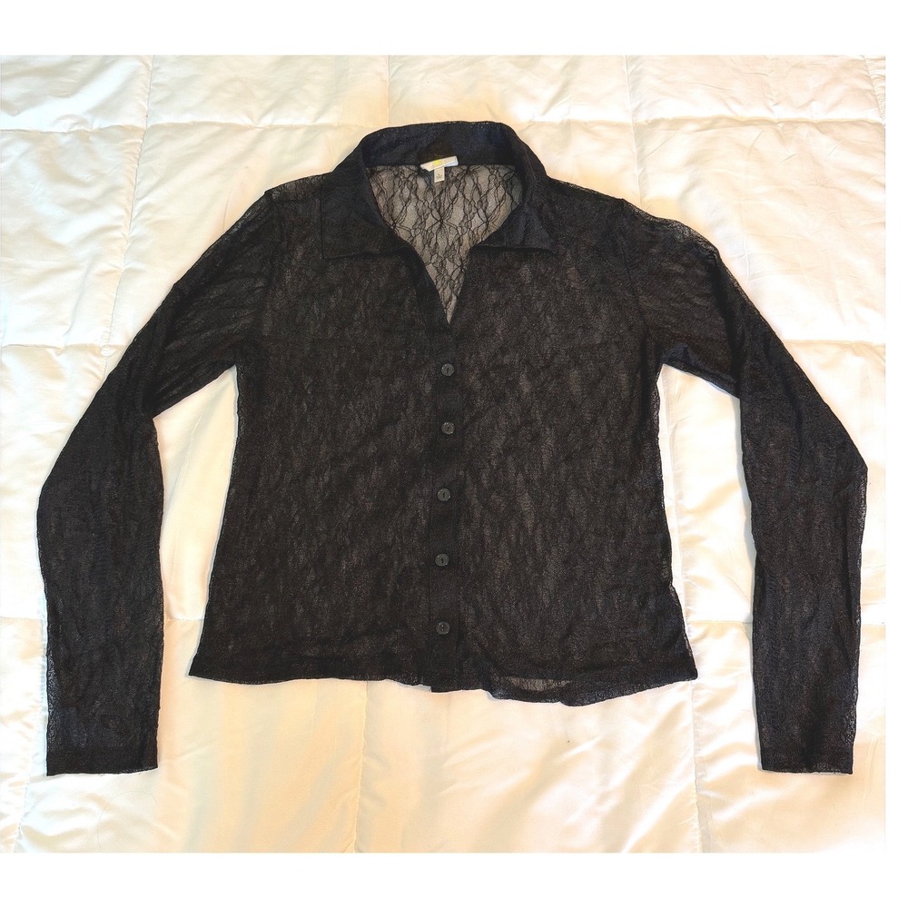 Neon Soul Lace Top Women L Black Excellent Sheer Button Up Long Sleeve Blouse